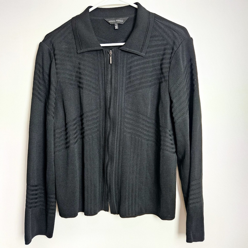 Ming Wang Cardigan‎ Sz L Textured Long Sleeve Lightweight Full Zip Acrylic Black